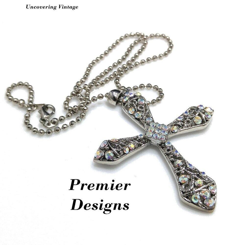 Premier Designs Silver Cross Necklace Aurora Borealis Rhinestones PD Signed